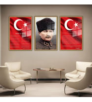 3'lü Metal Çerçeveli Cam Tablo Seti Üniformalı Atatürk İstiklal Marşı ve Gençliğe Hitabe (Gold)