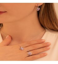 Kadın Gümüş Set - Kalp Model Ametist Taşlı Zirkon Süslemeli Rodyumlu Kadın Set
