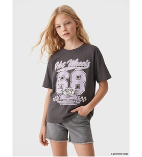 LCW Kids Gri Hot Wheels Baskılı Kız Çocuk Tişört
