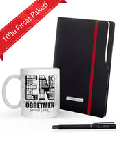 Kişiye Özel  10'lu Öğretmenler Günü İsme Özel Plakalı Defter & Roller Kalem ve En iyi Öğretmen  Kupa Seti (Siyah)