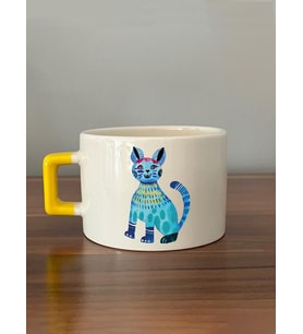 Mavi Kedi Baskılı Sarı Kulplu C Kupa (Beyaz)