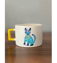 Mavi Kedi Baskılı Sarı Kulplu C Kupa (Beyaz)