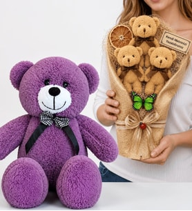 Premium Hediye Seti Kişiye Özel Peluş Ayıcık Buketi ve 50 cm Büyük Boy Mor Peluş Ayıcık