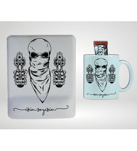 Kişiye Özel Bilek Destekli Mouse Pad & Kupa Bardak Kuru Kafa Desenli