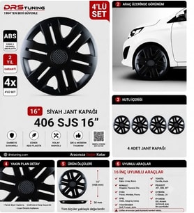 Tata Uyumlu 16 Inç Kırılmaz Parlak Siyah Jant Kapağı 1 Takım 4 Adet No:406