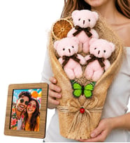 Premium Tasarım Ahşap Fotoğraf Çerçeveli Büyük Boy Pembe Peluş Ayıcık Buketi