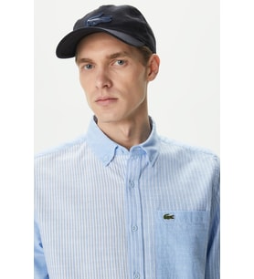 Lacoste Men's Regular Fit Button-Down Collar Linen Shirt Blue Erkek Düğmeli Yaka Keten Çizgili Gömlek Mavi