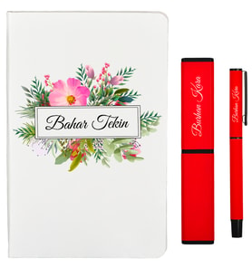 Şık Çiçek Tasarımlı Kişiye Özel Defter ve Roller Kalem Seti