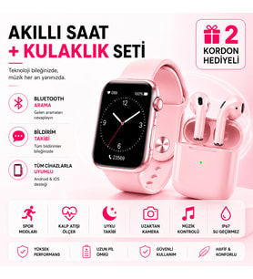 Akıllı Saat ve Bluetooth Kulaklık Seti 2 Kordon Hediyeli Arama Bildirim Spor ve Uyku Takipli