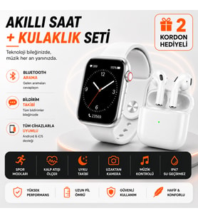 Akıllı Saat ve Bluetooth Kulaklık Seti 2 Kordon Hediyeli Arama Bildirim Spor ve Uyku Takipli