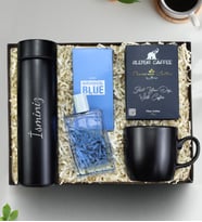 Kişiye Özel 500 ML Siyah Dereceli Termos & Alerya Premium Filtre Kahve & Avon Individual Blue Erkek Parfüm & Siyah Kupa Hediye Seti