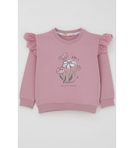 Breeze Kız Çocuk Sweatshirt Omuzları Çiçek Nakış Detaylı Çiçek Baskılı 2-6 Yaş, Gülkurusu (Gül Kurusu)