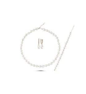 Sıralı Damla Doğal İnci Kolye Bileklik Küpe Üçlü Set (Rose)