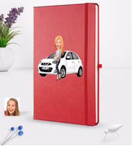 BK Gift Kişiye Özel Plakalı Kadın Nissan Micra Karikatürlü Kırmızı Termo Deri Defter 16x24cm Model 1