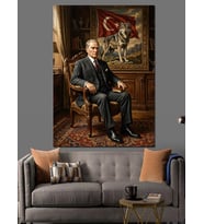 Masasında Oturan Karizmatik Lider Atatürk Dekoratif Kanvas - Mdf Ahşap Tablo