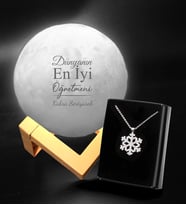 Öğretmenler Gününe Özel 3D Ay Şeklinde Dekoratif Gece Lambası (Standlı) & Kar Tanesi Kolye