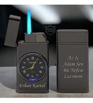 İsme Özel Turbo Jet Saatli Çakmak - Çift Yön Baskı Avantajı - Kutulu ve Hediye Paketinde