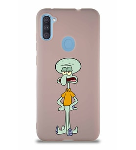 Samsung Galaxy A11 Soft Premier Kapak Squidward Dokunaç Tasarımlı Silikon Kılıf - Pudra (Şeffaf)