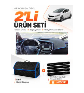 KİA CEED (2013-2019) Uyumlu Torpido Örtüsü + Deri Bagaj Çantası + Sticker Seti - Siyah Mavi