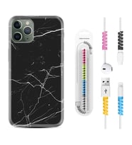 Apple iPhone 11 12 13 14 Pro Max Kılıf Kablo Koruma Spiral Silikon Siyah Mermer 1299
