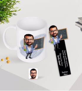 BK Gift Kişiye Özel Erkek Kimya Öğretmeni Karikatürlü Kupa Bardak ve Ahşap Kitap Ayracı-1