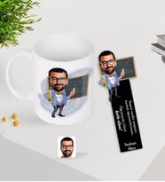 BK Gift Kişiye Özel Erkek Kimya Öğretmeni Karikatürlü Kupa Bardak ve Ahşap Kitap Ayracı-1