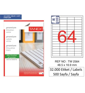 Tanex Lazer Etiket tw-2564 500 A4 Sayfa Laser Etiket 48.5 X 16.9 mm Boyutunda 1 A4 Sayfada 64 Etiket
