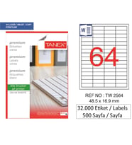 Tanex Lazer Etiket tw-2564 500 A4 Sayfa Laser Etiket 48.5 X 16.9 mm Boyutunda 1 A4 Sayfada 64 Etiket