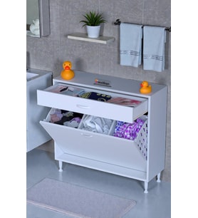 Eliusta Asil 100 cm Kirli Çamaşır Sepetli Banyo Dolabı 1 Çekmeceli Mutfak Çok Amaçlı Dolap 100x88x32,5 cm