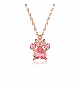Pembe Taşlı Kedi Patisi Rose Gümüş Kolye