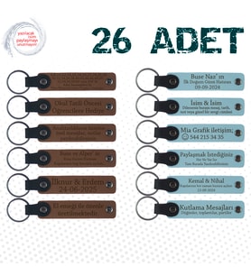A Kahve & Gök Mavi, Eğitimcilere Yıl Sonu Teşekkürü, 26’lı Set, İsim Yazılabilen Deri Anahtarlık