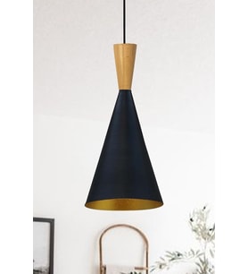 Siyah İnce Metal Avize, Ahşap Huni Tasarımı, Modern Sarkıt Lamba