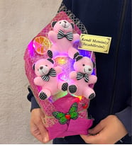 Renkli Led Işıklı Kişiye Özel Pembe Ayıcıklı Büyük Boy Peluş Ayıcık Buketi (Model 5)