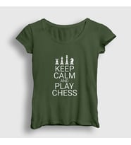 Presmono Kadın Haki Keep Calm And Play Chess Satranç T-Shirt 335790tt (Haki)