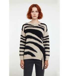 Kadın Düşük Kollu Oversize Bisiklet Yaka Zebra Desenli Triko Kazak Soğuk Havalara Özel Kaliteli