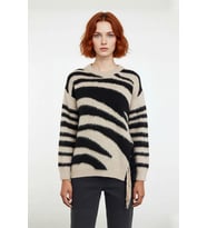 Kadın Düşük Kollu Oversize Bisiklet Yaka Zebra Desenli Triko Kazak Soğuk Havalara Özel Kaliteli