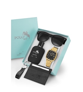 Polo Air Takvimli Hasır Metal Kordon Erkek Kol Saati Parfüm Gözlük Kartlık Anahtarlık Hediyelik Kutusunda Set Gold Siyah Renk TR-101E6