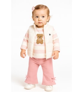 Kız Bebek 3’lü Takım Yelekli Teddy Nakışlı Sweatshirt ve Fiyonklu Pantolon Lila (9-12-18-24 Ay) 10695P (Pembe)