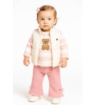 Kız Bebek 3’lü Takım Yelekli Teddy Nakışlı Sweatshirt ve Fiyonklu Pantolon Lila (9-12-18-24 Ay) 10695P (Pembe)