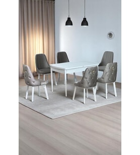 Sonata Beyaz 80 x 132 Açılabilen Sunta Masa Metal Ayaklı Mutfak Masası Takımı 6 Cappucino Sandalye