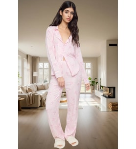 Rahat Kesim Baskılı Viskon Shally Pijama Takımı Özenle Seçilmiş Günlük Kullanım İçin (Açık Pembe)
