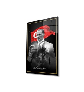 Atatürk Portre ve Türk Bayrağı Cam Tablo Modern Ev Ofis Salon Hediyelik Büyük Tablo Duvar Dekoru (Çok Renkli)