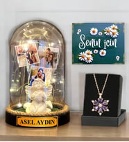 İsimli 3 Fotoğraflı Işıklı Fanus ve Gerçek Ametist Taşlı Lotus Kolye (Model 2)