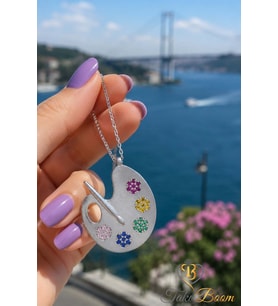 Renkli Taşlı Resim Paleti Tuval Gümüş Kolye