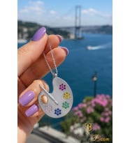 Renkli Taşlı Resim Paleti Tuval Gümüş Kolye