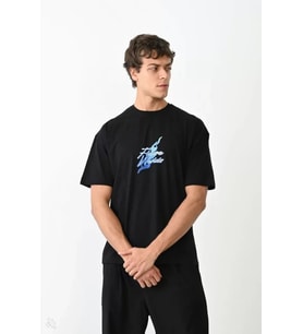 pilelistore- Unisex Bisiklet Yaka Baskılı Oversize T-Shirt - Siyah