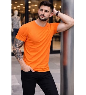 Erkek Body Tişört Bisiklet Yaka Slim Fit Likralı T-Shirt - Turuncu