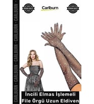 #Eldiven Şık İddialı Zarif Likralı Uzun Siyah Renk İncili Elmas İşlemeli File Örgü Uzun Eldiven