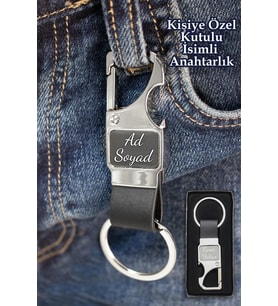 Kişiye Özel Baskılı Kancalı Anahtarlık Gümüş Renk Kutulu Hediyelik Anahtarlık, Araba Anahtarlığı (Siyah)