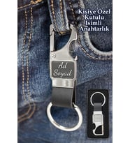 Kişiye Özel Baskılı Kancalı Anahtarlık Gümüş Renk Kutulu Hediyelik Anahtarlık, Araba Anahtarlığı (Siyah)